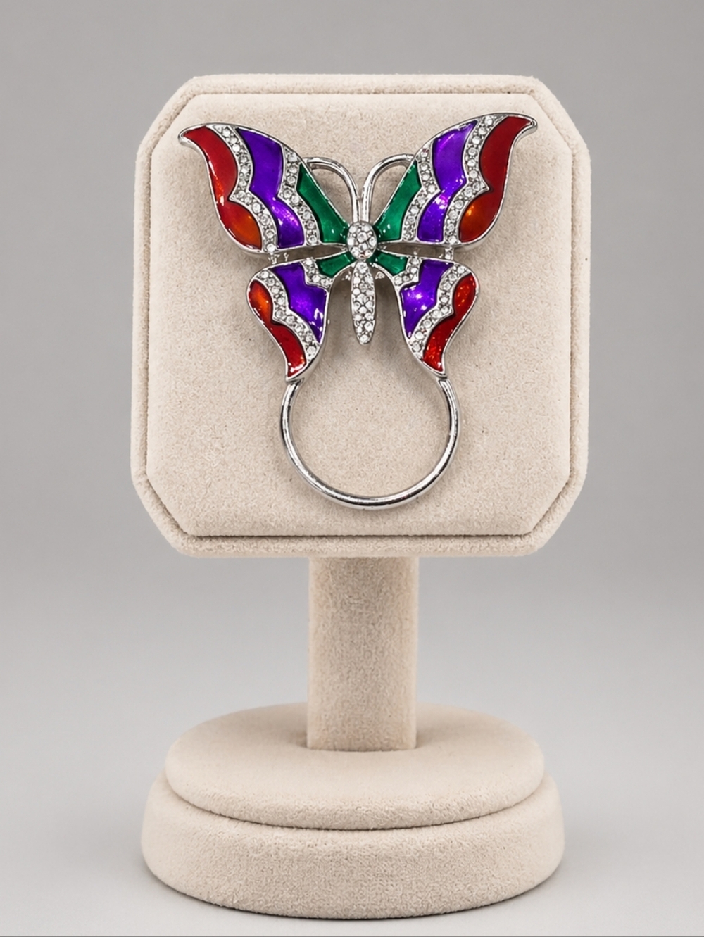 Vintage 90s Style Enamel Butterfly Scarf Ring Brooch - Multicolor Rhinestone
